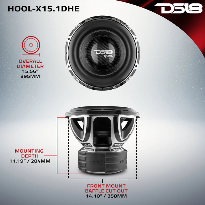 DS18 HOOL-X15.1DHE Subwoofer de 15" con bobina móvil de aluminio negro de 4" - 4000 vatios Rms 2 ohmios DVC