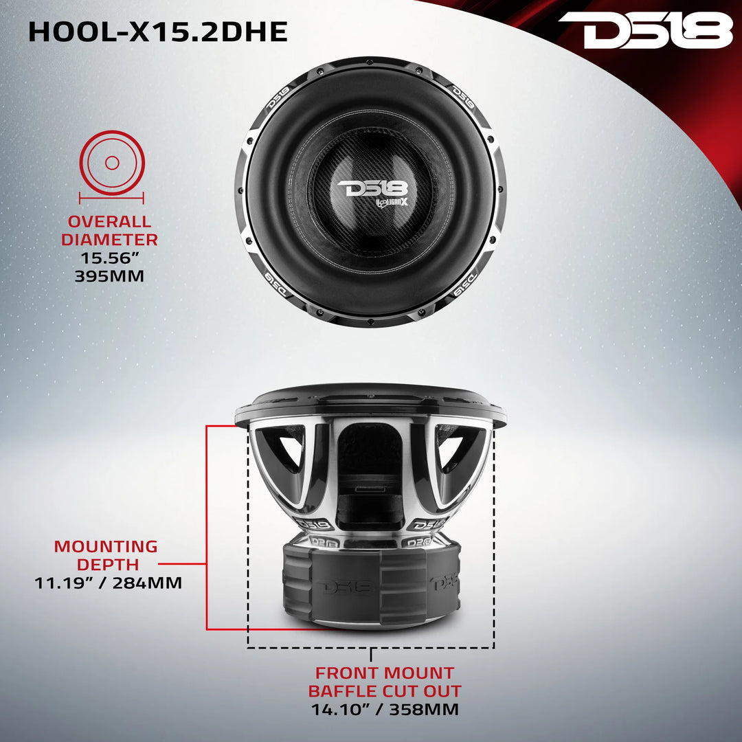 DS18 HOOL-X15.2DHE Subwoofer de 15" con bobina móvil de aluminio negro de 4" - 4000 vatios Rms 2 ohmios