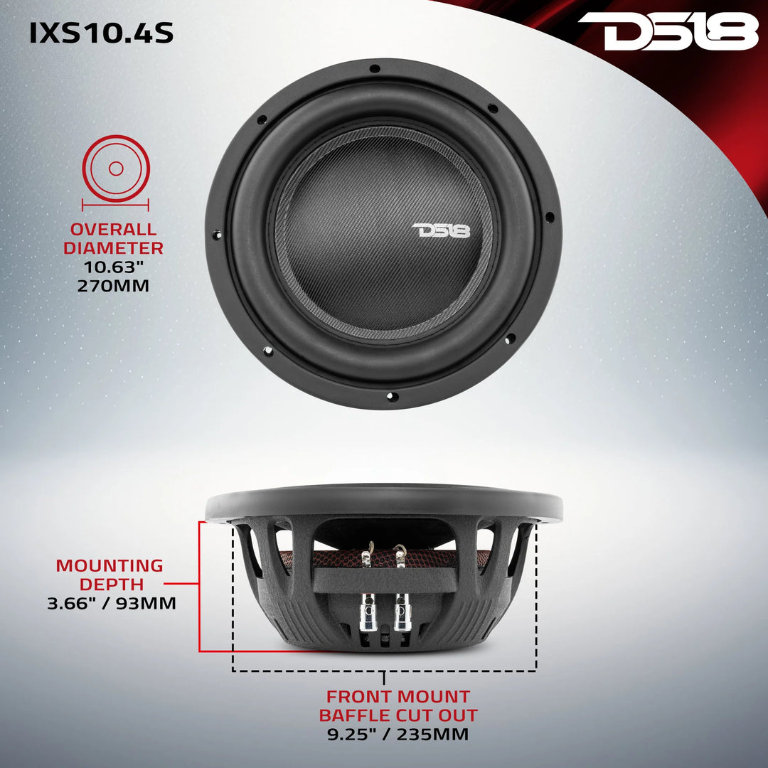 DS18 IXS10.4D Subwoofer de montaje superficial de 10" con tapa antipolvo grande y bobina móvil de 2,5" - 600 vatios Rms 4 ohmios DVC