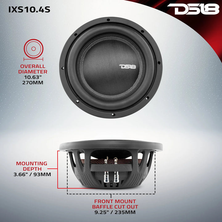 DS18 IXS10.4D Subwoofer de montaje superficial de 10" con tapa antipolvo grande y bobina móvil de 2,5" - 600 vatios Rms 4 ohmios DVC