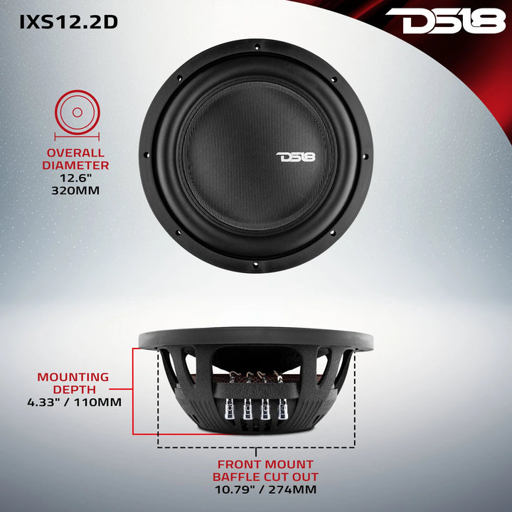 DS18 IXS12.2D Subwoofer de montaje superficial de 12" con tapa antipolvo grande y bobina móvil de 2,5" - 800 vatios Rms 2 ohmios DVC