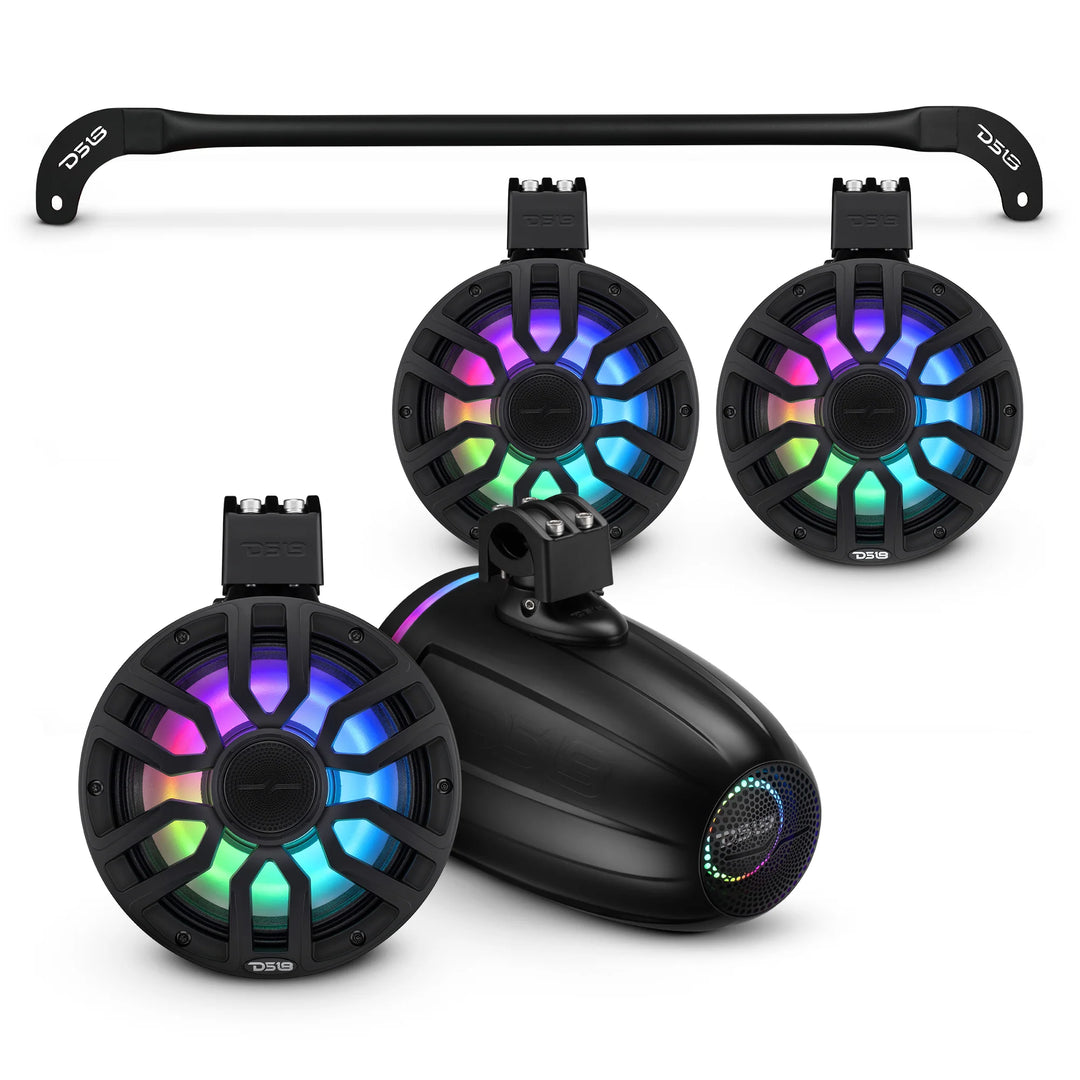 DS18 Mounting Tube with 4x 8" Marine Tower Speakers - Fits 2018-2024 Jeep Wrangler JLU 4-Door Soft Tops and Hard Tops