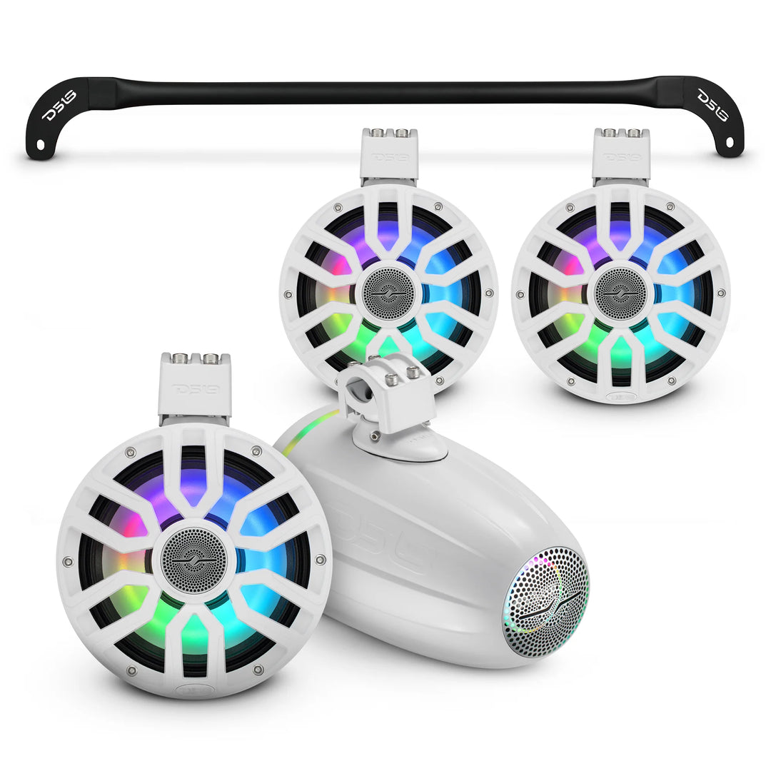 DS18 Mounting Tube with 4x 8" Marine Tower Speakers - Fits 2018-2024 Jeep Wrangler JLU 4-Door Soft Tops and Hard Tops