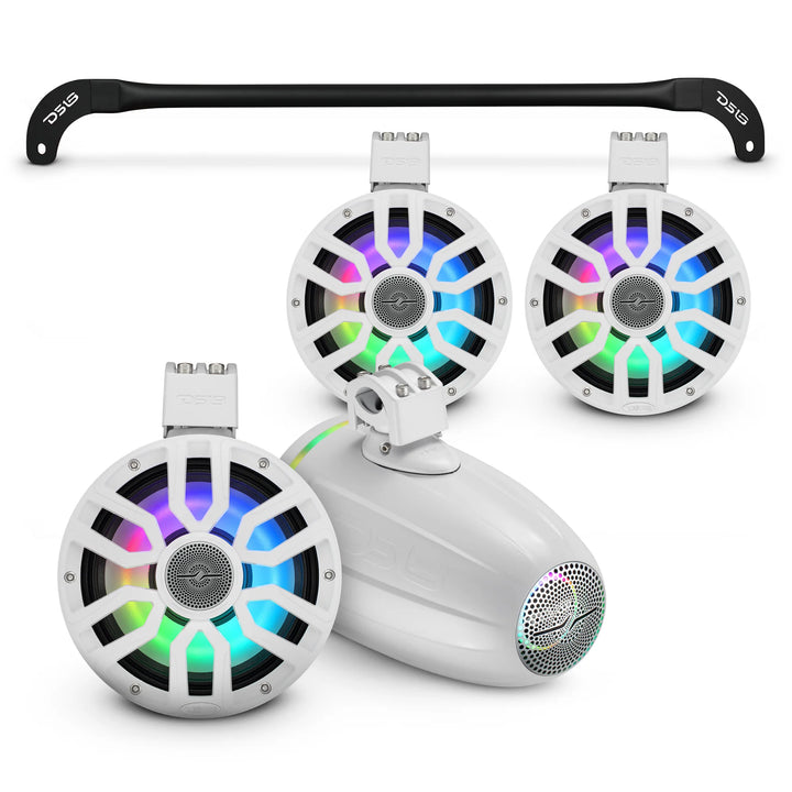 DS18 Mounting Tube with 4x 8" Marine Tower Speakers - Fits 2018-2024 Jeep Wrangler JLU 4-Door Soft Tops and Hard Tops
