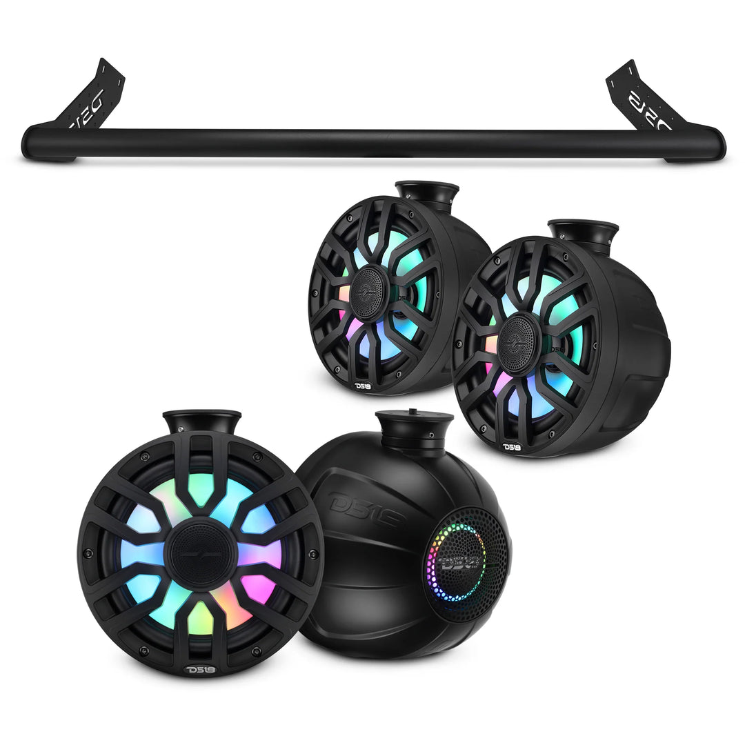 DS18 Mounting Tube with 4x 8" Marine Tower Speakers - Fits 2018-2023 Jeep Wrangler JL 2-Door Hardtop