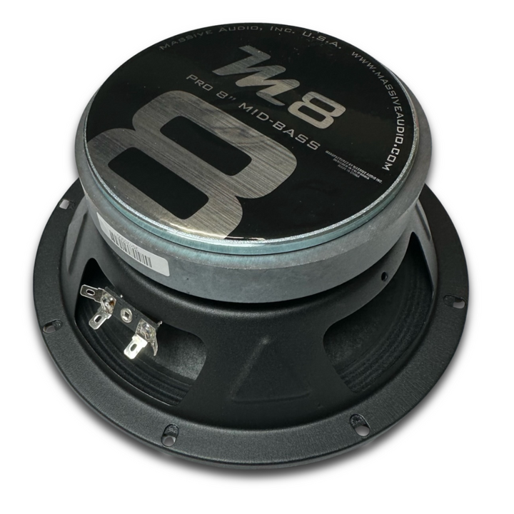 Massive Audio M8 Altavoz de medios graves de 8" con bala de aluminio negro y bobina móvil de 1,5" - 150 vatios Rms 4 ohmios