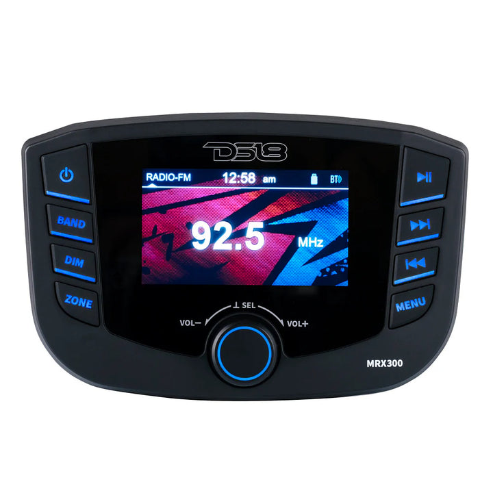 DS18 MRX300 Marine Head Unit with Bluetooth, USB and AUX - 3" Color Display, 4.5V Rca Outputs, 3-Zone, 4x 25 Watts Rms