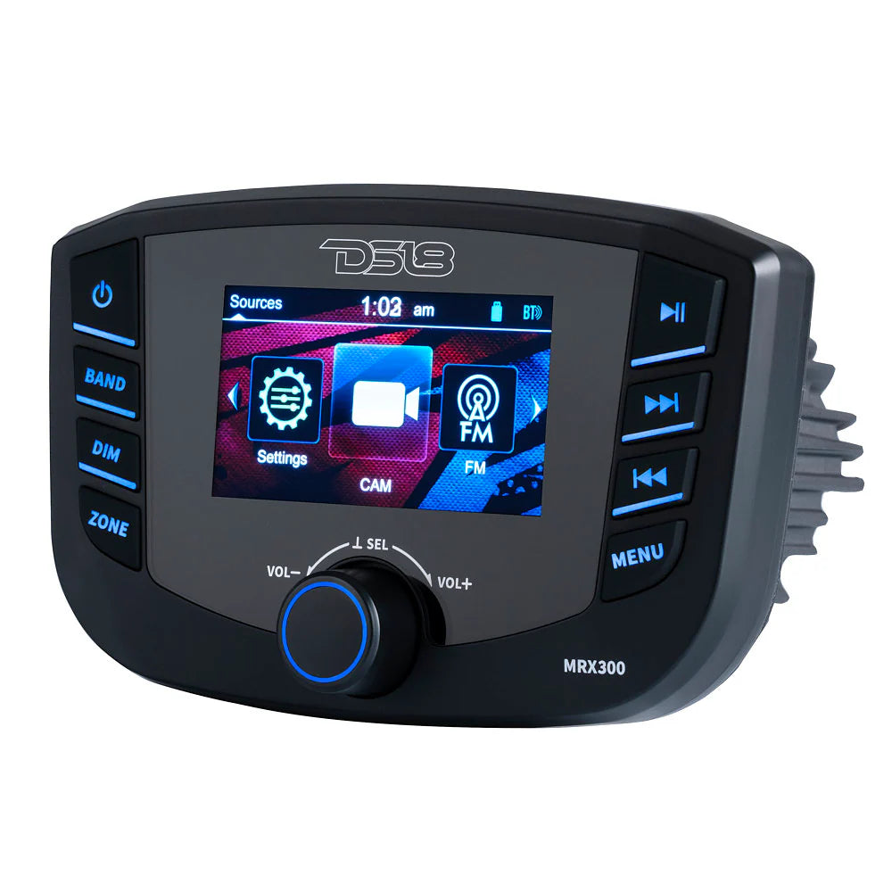 DS18 MRX300 Marine Head Unit with Bluetooth, USB and AUX - 3" Color Display, 4.5V Rca Outputs, 3-Zone, 4x 25 Watts Rms