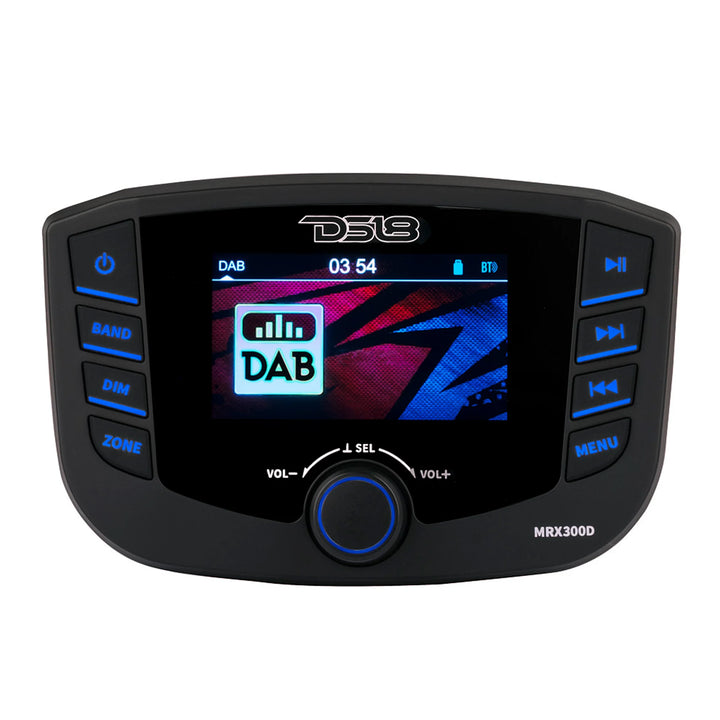 DS18 MRX300D Marine Head Unit with Bluetooth, USB, AUX and DAB+ for Europe - 3" Color Display, 4.5V Rca Outputs, 3-Zone - 4x 25 Watts Rms @ 4-ohm