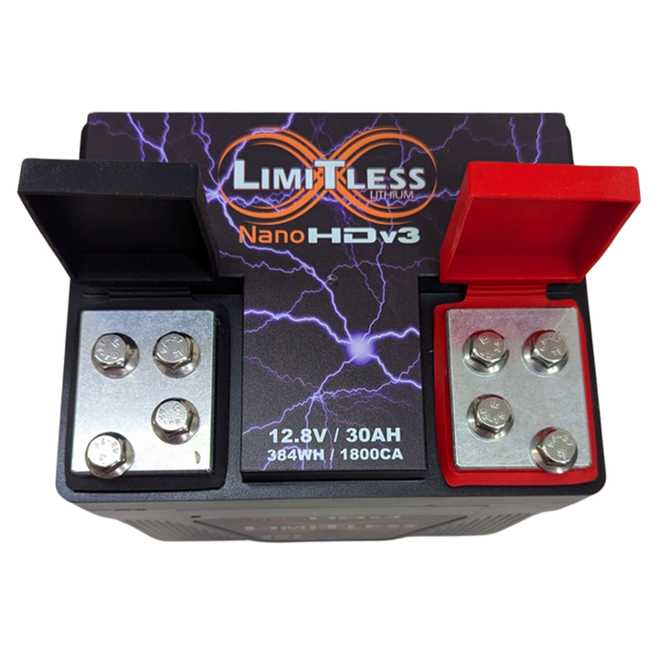 Limitless NanoHD-V3 Lithium Battery with Maintainer for Motorcycles & Powersports - 5,500 - 6,000 Watts Rms | 30Ah