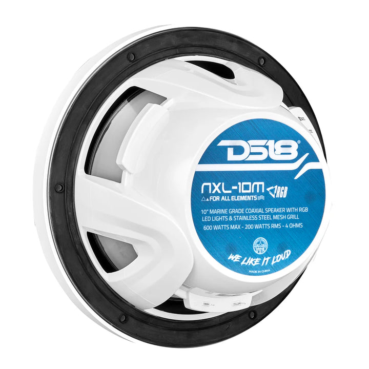 DS18 NXL-10M/WH Altavoces coaxiales marinos de 10" con tweeters integrados y luces LED RGB - 200 vatios Rms 4 ohmios
