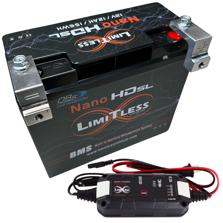 Batería de litio Limitless Lithium NSL-12AH con adaptadores de cable y mantenedor para motocicletas y deportes motorizados - 2500 - 3000 vatios Rms | 12Ah