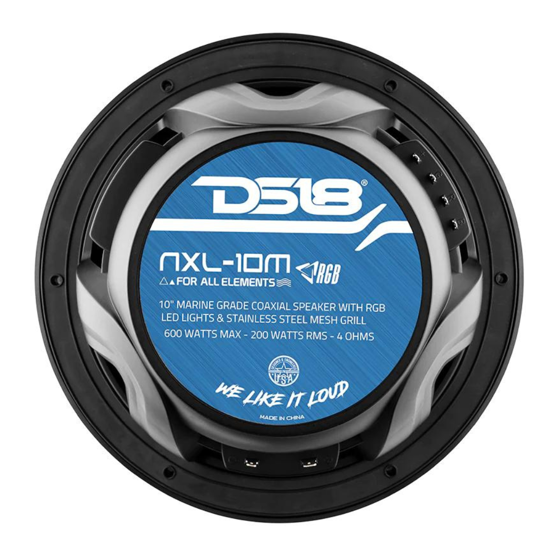 DS18 NXL-10M/BK Altavoces coaxiales marinos de 10" con tweeters integrados y luces LED RGB - 200 vatios Rms 4 ohmios