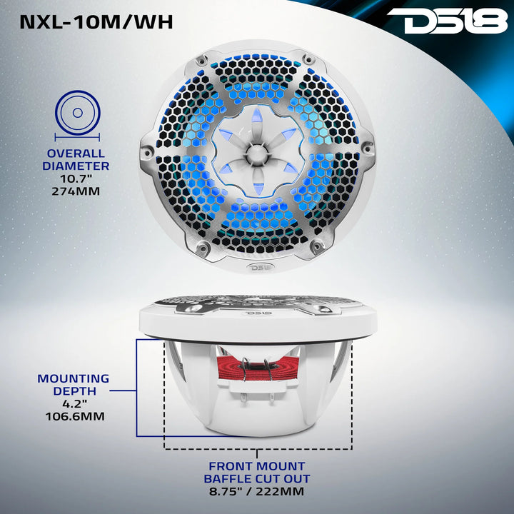 DS18 NXL-10M/WH Altavoces coaxiales marinos de 10" con tweeters integrados y luces LED RGB - 200 vatios Rms 4 ohmios