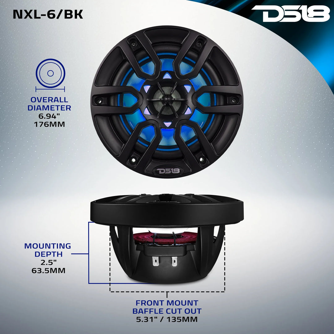 DS18 NXL-6/BK 6.5" 2-Way Marine Speakers with LEDs - 100 Watts Rms 4-ohm