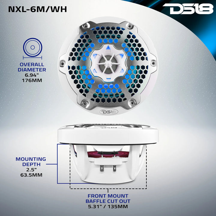 DS18 NXL-6M/WH 6.5" 2-Way Marine Speakers with LEDs - 100 Watts Rms 4-ohm