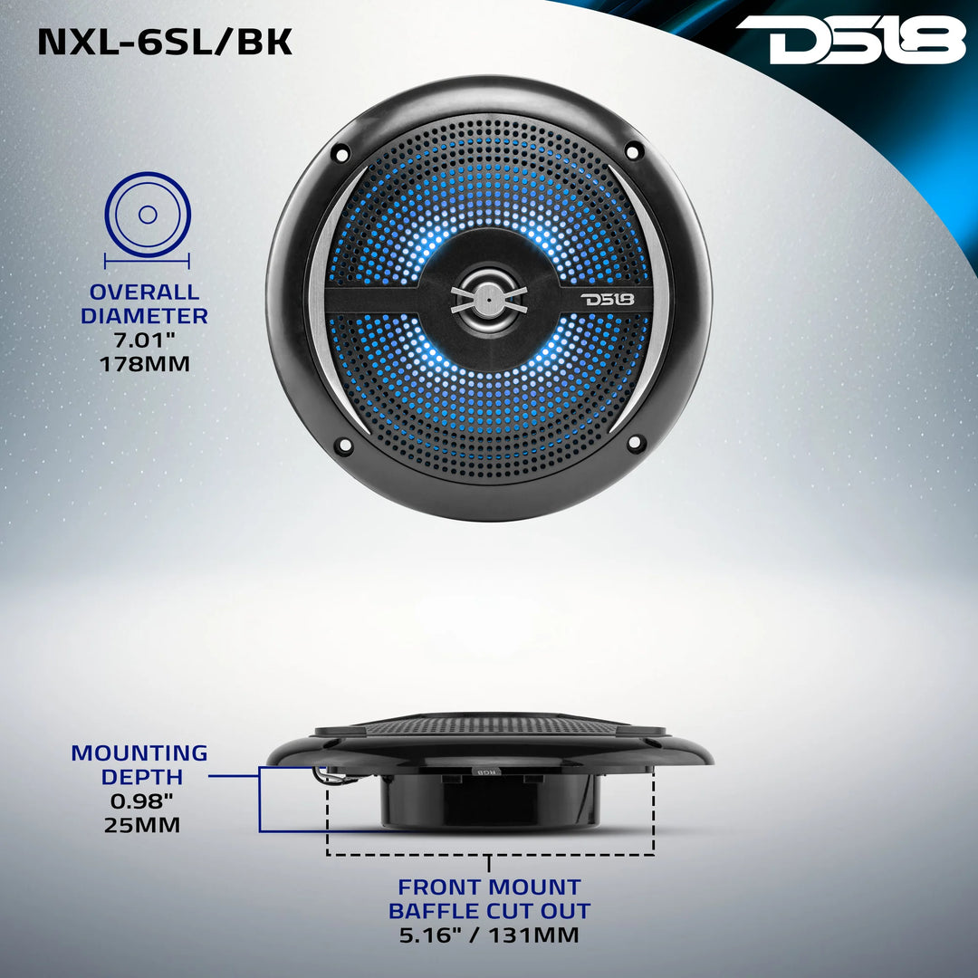 DS18 NXL-6SL/BK Altavoces coaxiales marinos de 6,5" con tweeters integrados y luces LED RGB - 25 vatios Rms 4 ohmios