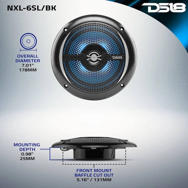 DS18 NXL-6SL/BK Altavoces coaxiales marinos de 6,5" con tweeters integrados y luces LED RGB - 25 vatios Rms 4 ohmios