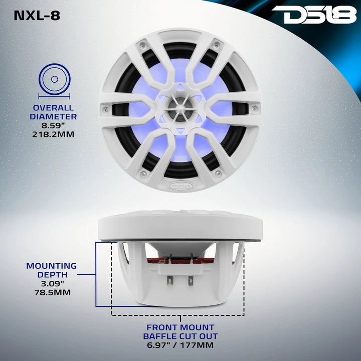 DS18 NXL-8 8" 2-Way Marine Speakers with LEDs - 125 Watts Rms 4-ohm
