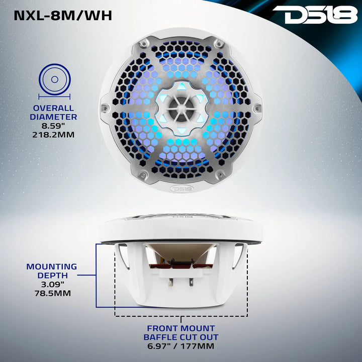 DS18 NXL-8M/WH 8" 2-Way Marine Speakers with LEDs - 125 Watts Rms 4-ohm