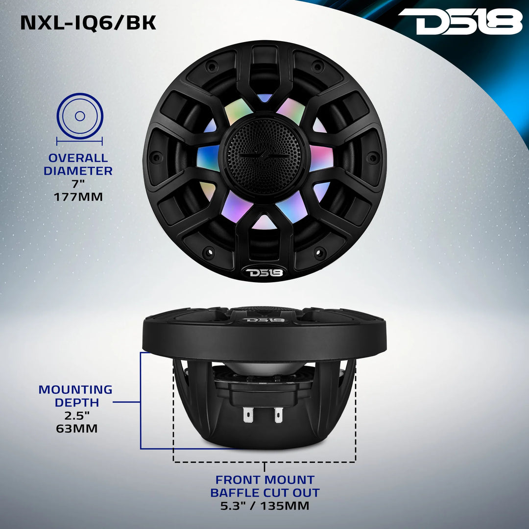 DS18 NXL-IQ6/BK 6.5" 2-Way Marine Coaxial Speakers with Integrated Dream RGB LED Lights - 150 Watts Rms 4-ohm