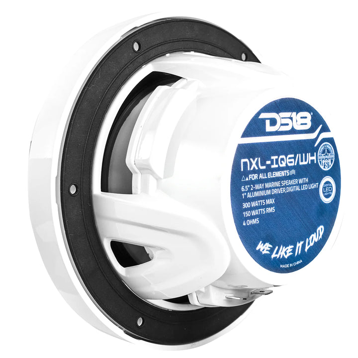 DS18 NXL-IQ6/WH 6.5" 2-Way Marine Coaxial Speakers with Integrated Dream RGB LED Lights - 150 Watts Rms 4-ohm