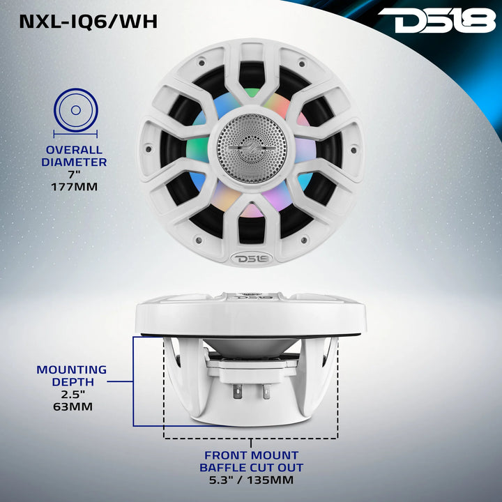 DS18 NXL-IQ6/WH 6.5" 2-Way Marine Coaxial Speakers with Integrated Dream RGB LED Lights - 150 Watts Rms 4-ohm