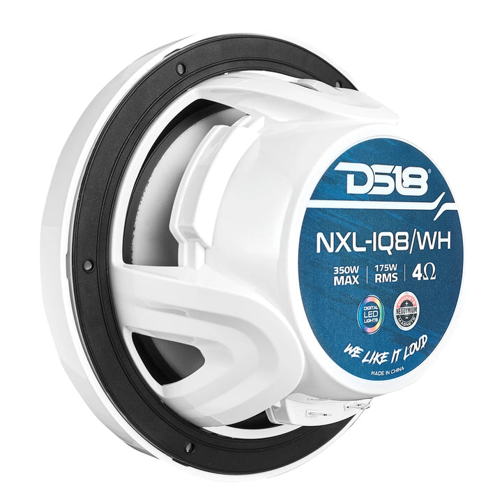 DS18 NXL-IQ8/WH 8" 2-Way Marine Coaxial Speakers with Integrated Dream RGB LED Lights - 175 Watts Rms 4-ohm