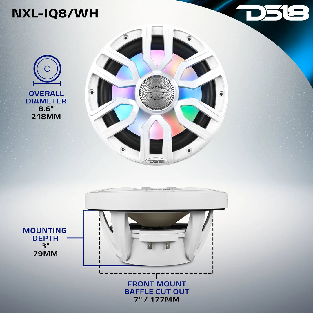 DS18 NXL-IQ8/WH 8" 2-Way Marine Coaxial Speakers with Integrated Dream RGB LED Lights - 175 Watts Rms 4-ohm