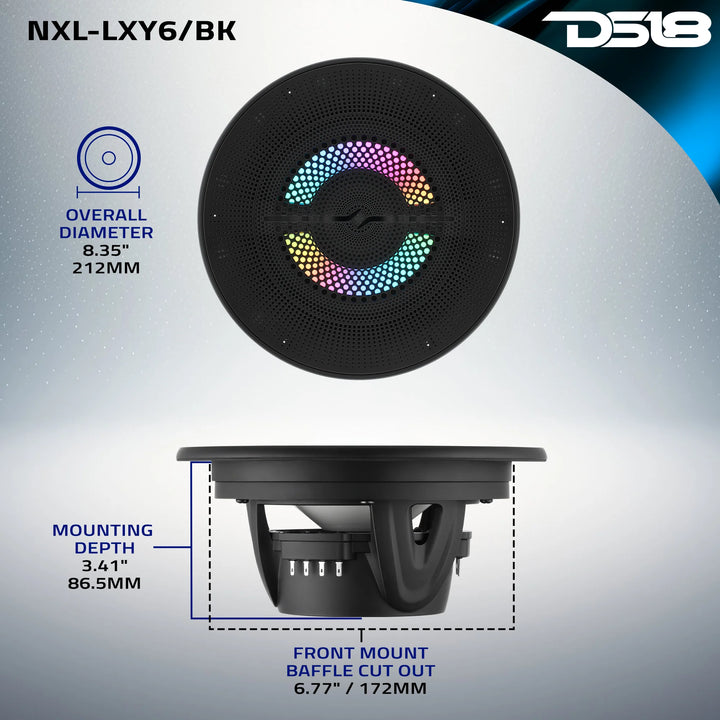DS18 NXL-LXY6/BK 6.5" 2-Way Marine Speakers with LEDs - 150 Watts Rms 4-ohm