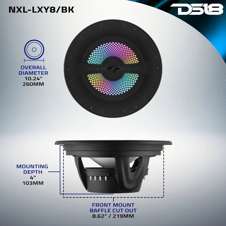 DS18 NXL-LXY8/BK 8" 2-Way Marine Speakers with LEDs - 175 Watts Rms 4-ohm