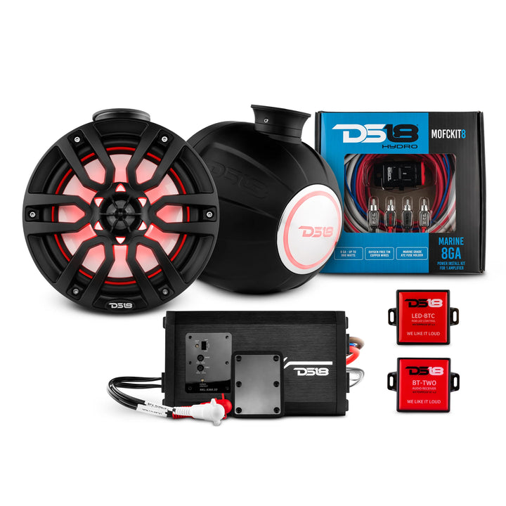 DS18 Jet Ski Audio Package - 2x 8" Tower Speakers with NXL-X360.2D 2-Channel Amp, Wiring Kit, RGB LED Controller and Bluetooth Receiver