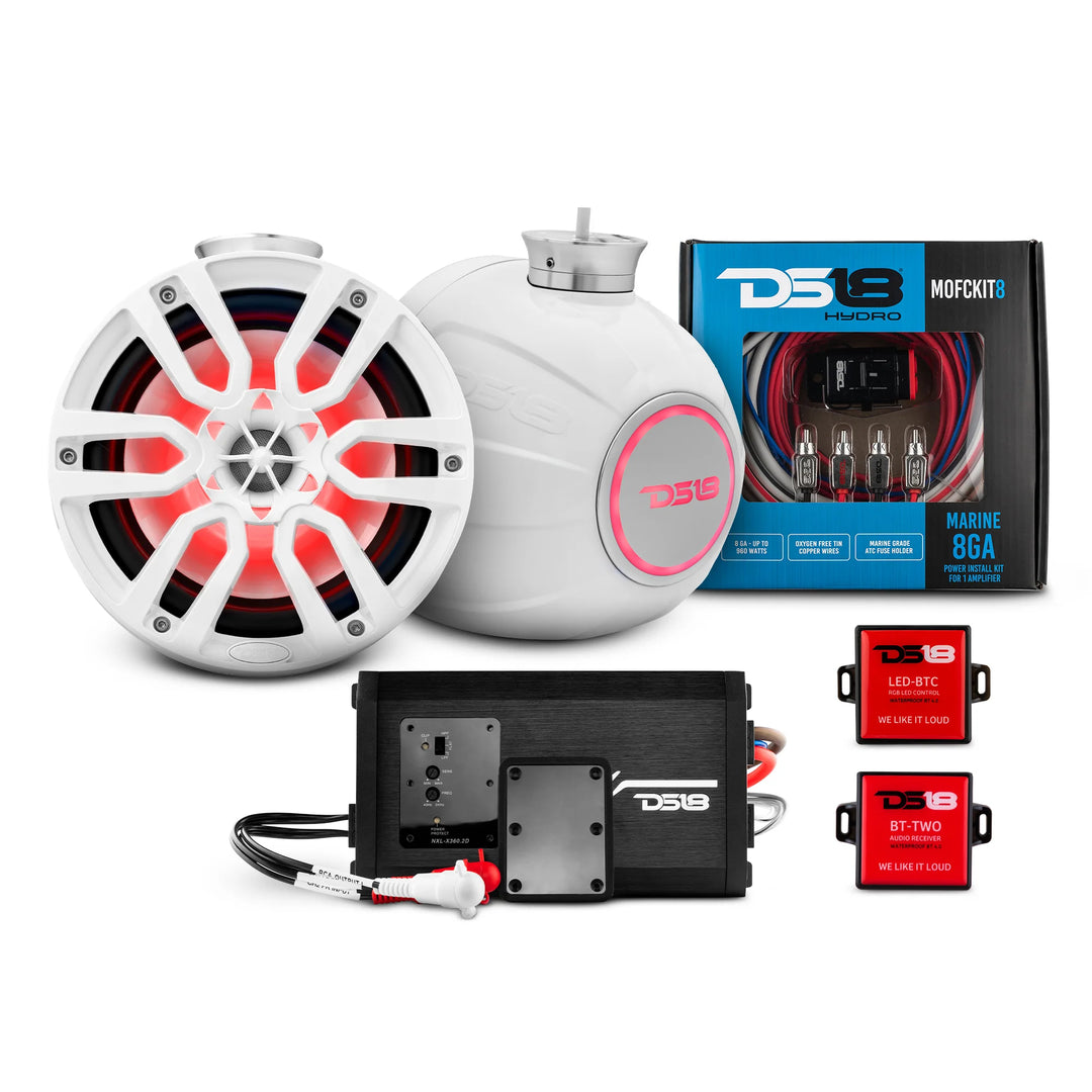 DS18 Jet Ski Audio Package - 2x 8" Tower Speakers with NXL-X360.2D 2-Channel Amp, Wiring Kit, RGB LED Controller and Bluetooth Receiver