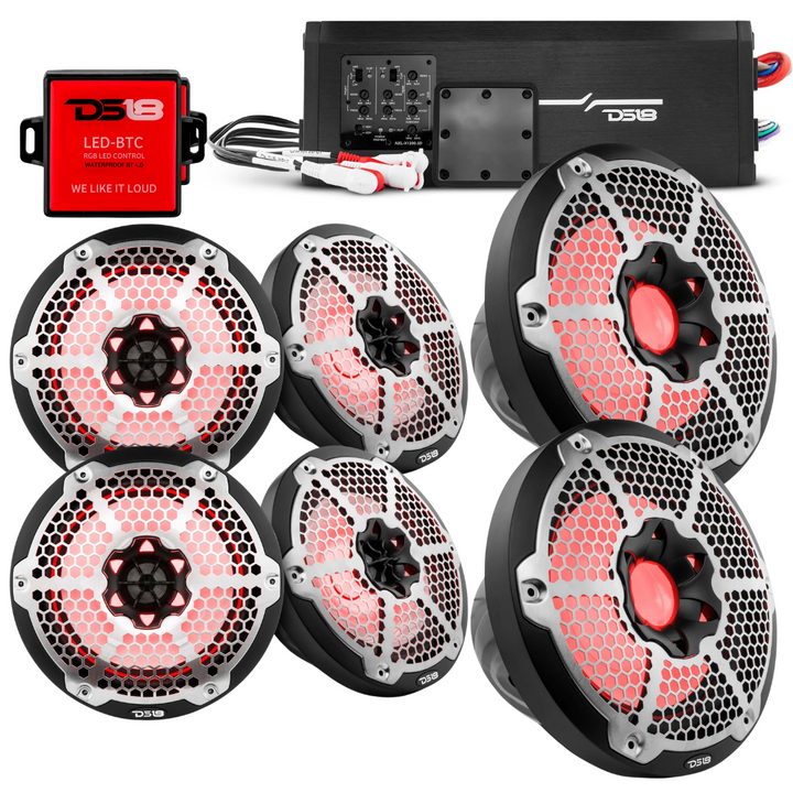 DS18 Marine Package - 4x NXL-8M 8" Coaxial Speakers with 2x NXL-10SUB 10" Subwoofers and NXL-X1200.5D 5-Channel Amplifier