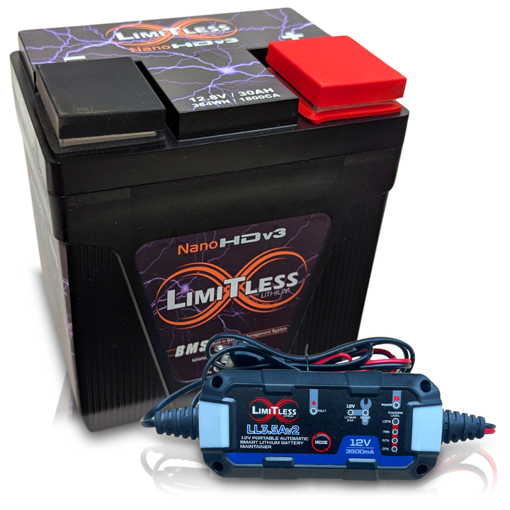 Limitless NanoHD-V3 Lithium Battery with Maintainer for Motorcycles & Powersports - 5,500 - 6,000 Watts Rms | 30Ah