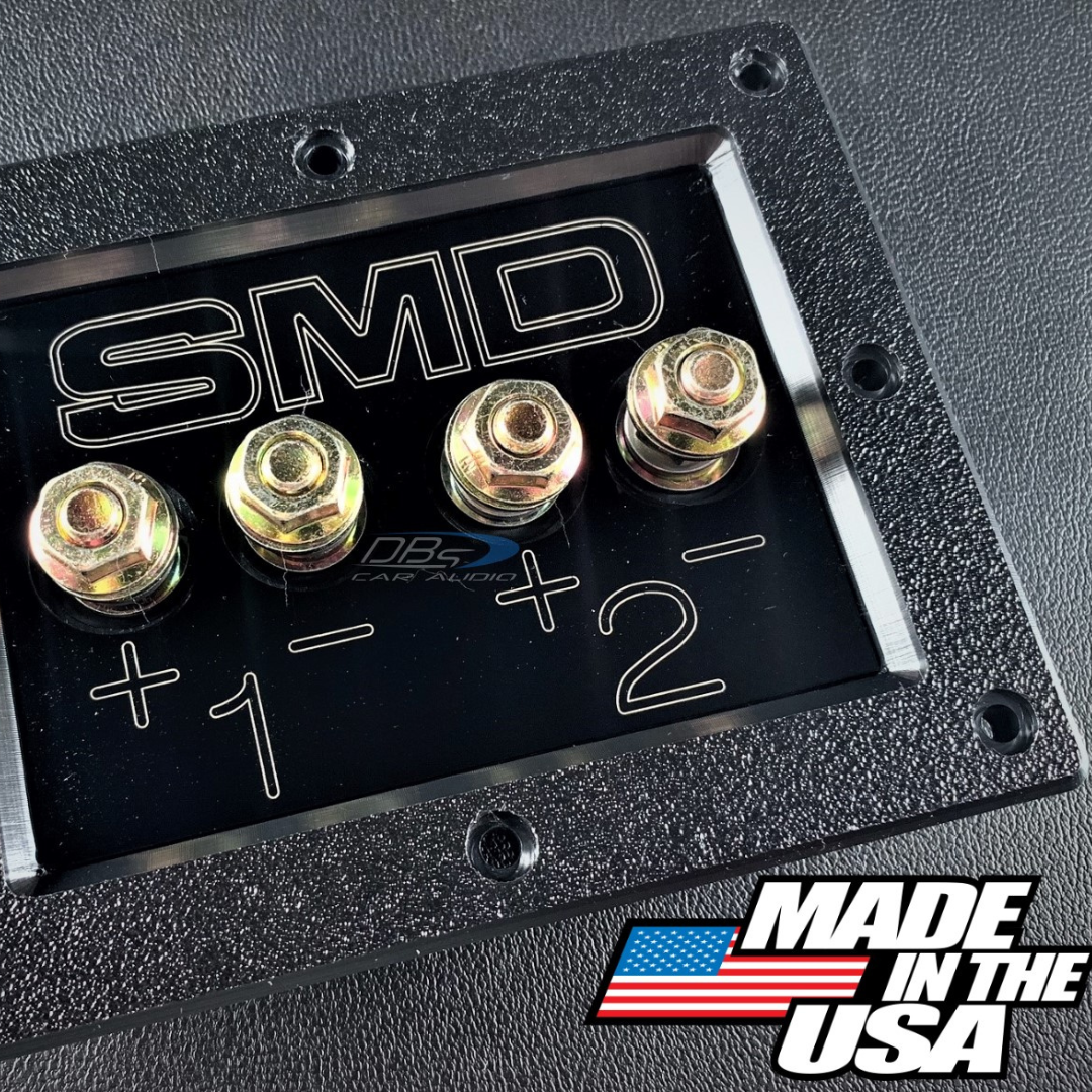 SMD 2-Channel Speaker Box Terminal Plate with Heavy-Duty  Grade 8 Hardware and Black Acrylic Bezel