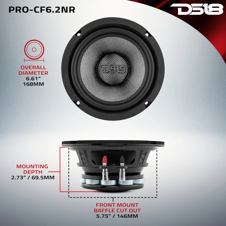 DS18 PRO-CF6.2NR Altavoz de medios graves de neodimio de 6,5" con cono de fibra de carbono y bobina móvil de 2" - 250 vatios Rms 2 ohmios