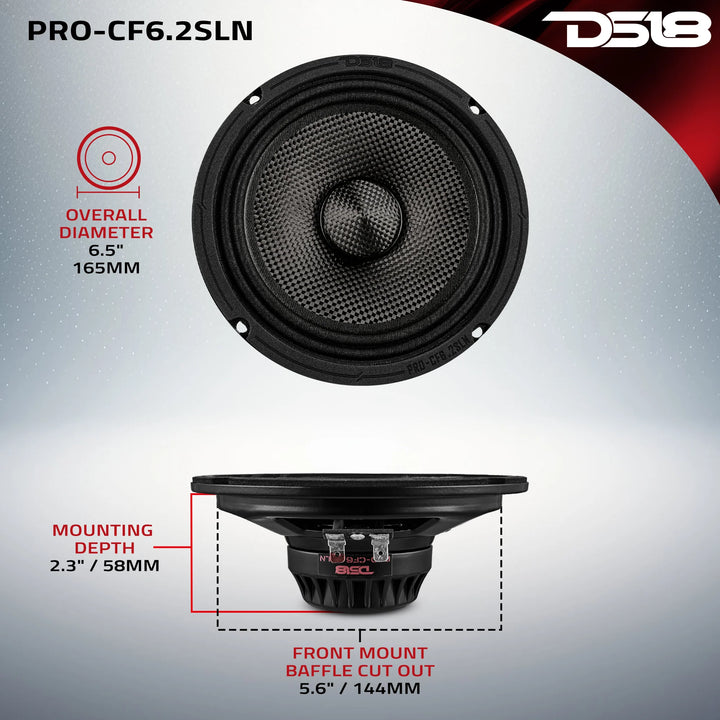 DS18 PRO-CF6.4SLN 6.5" Shallow Mount Mid-Range Loudspeaker with Carbon Fiber Cone and Neodymium Magnet - 150 Watts Rms 4-ohm