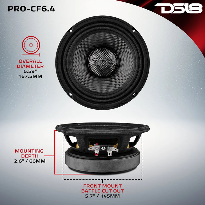 DS18 PRO-CF6.4 6.5" Mid-Range Loudspeaker with Carbon Fiber Cone and 1.75" Voice Coil - 300 Watts Rms 4-ohm