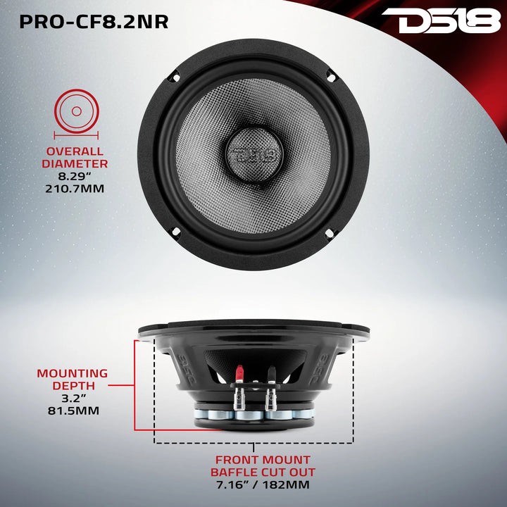 DS18 PRO-CF8.2NR Altavoz de medios graves de neodimio de 8" con cono de fibra de carbono y bobina móvil de 2" - 300 vatios Rms 2 ohmios