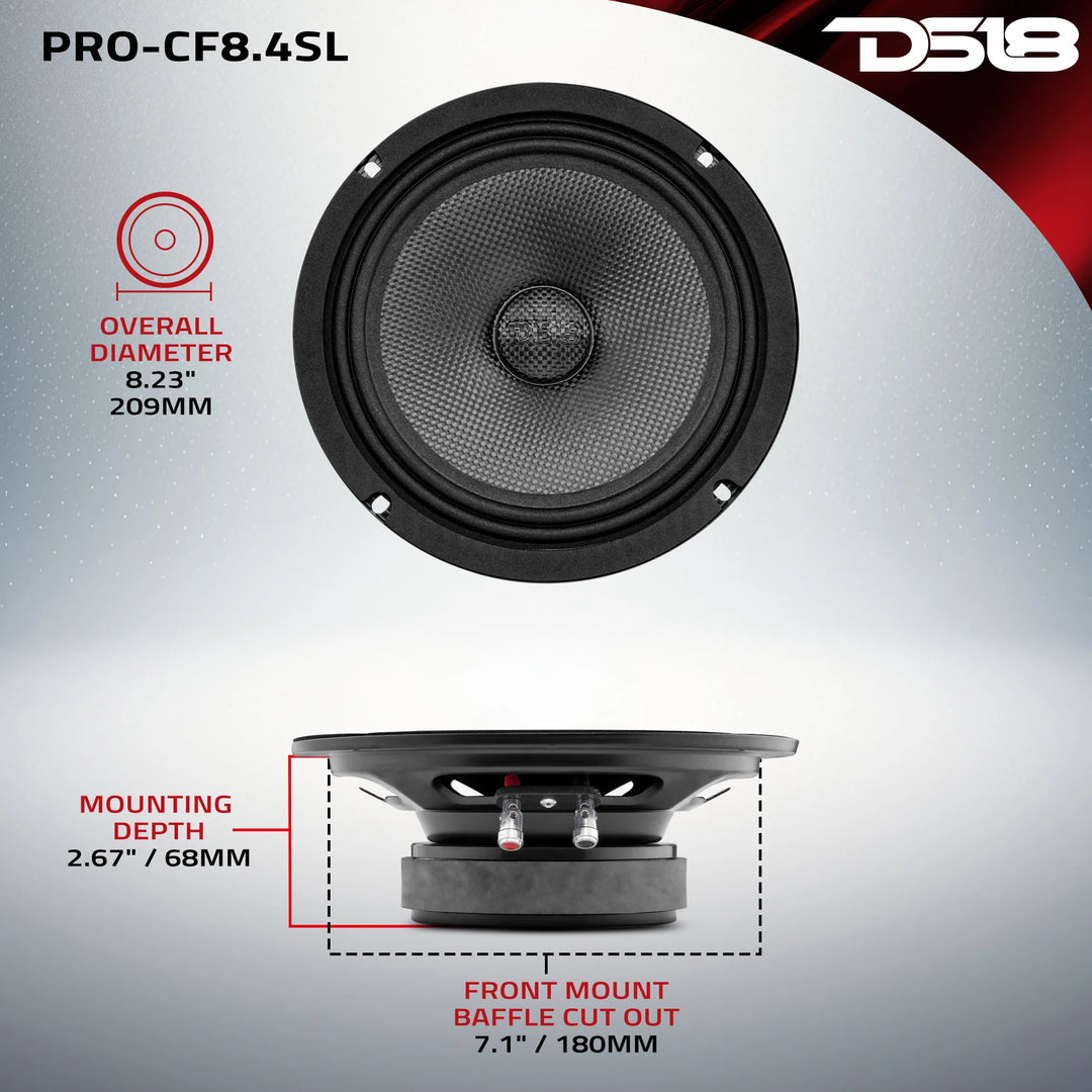 DS18 PRO-CF8.4SL Altavoz de medios graves de montaje superficial de 8" con cono de fibra de carbono y bobina móvil de 1,5" - 275 vatios Rms 4 ohmios