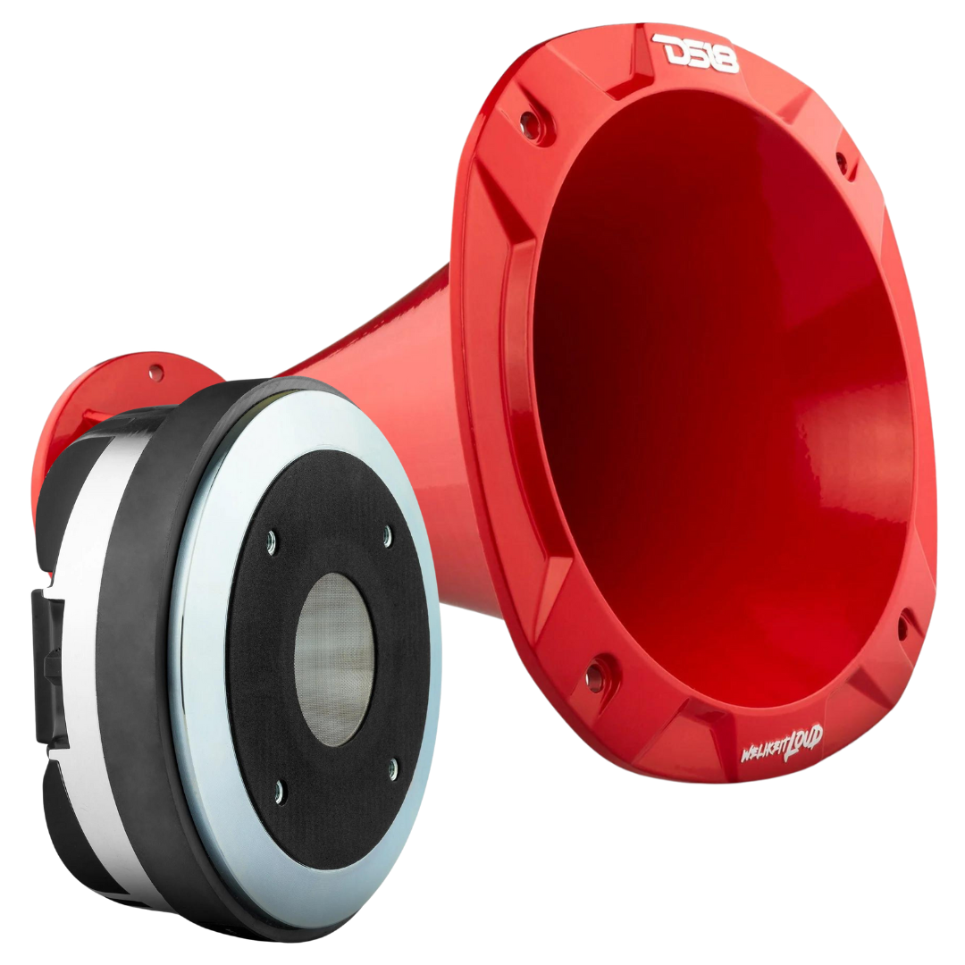 DS18 PRO-D2 Compression Driver with 3" Titanium Voice Coil and Red Aluminum Trumpet Horn - 400 Watts Rms 8-ohm