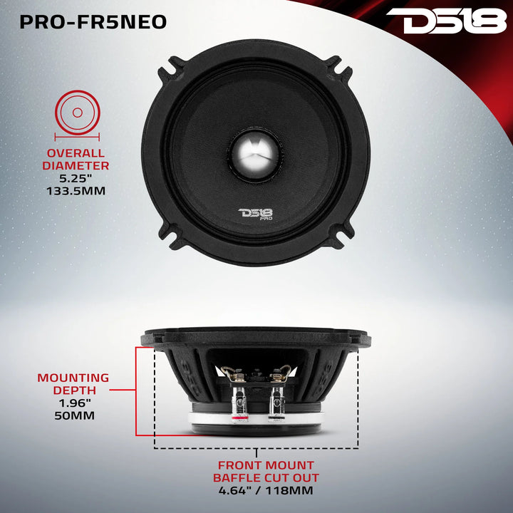 DS18 PRO-FR5NEO Altavoz de rango completo de neodimio de 5,25" con bala de aluminio y bobina móvil de 1,2" - 200 vatios Rms 4 ohmios