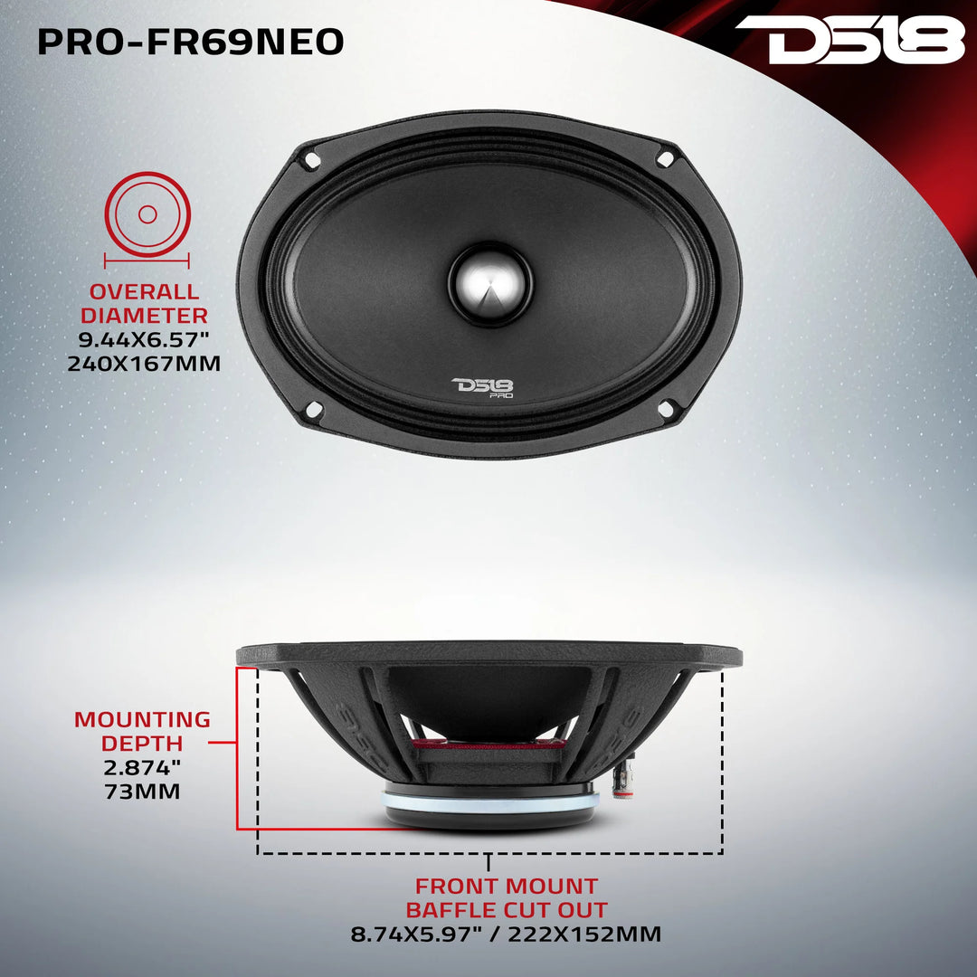 DS18 PRO-FR69NEO Altavoz de rango completo de neodimio de 6x9" con bala de aluminio y bobina móvil de 1,5" - 250 vatios Rms 4 ohmios