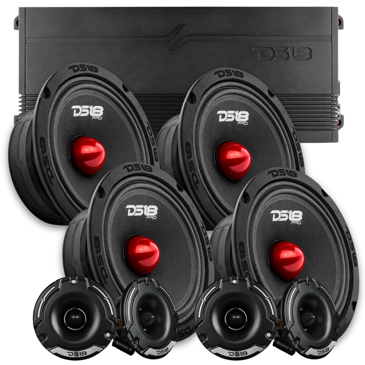 DS18 Combo - 4x PRO-GM6.4B 6.5" Mid-Range Loudspeakers - 4x PRO-TWZ1 Bullet Tweeters - G1800.4D 4-Channel Amplifier