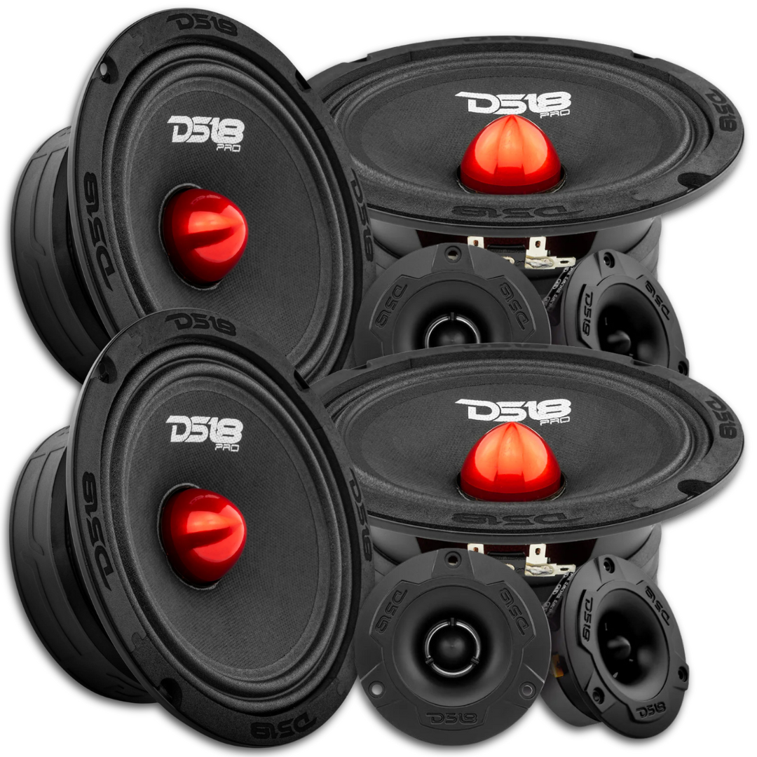 Combo DS18 - 4x PRO-GM6B 6.5" Altavoces de rango medio con 4x PRO-TWX1/BK 3.8" Bullet Super Tweeters