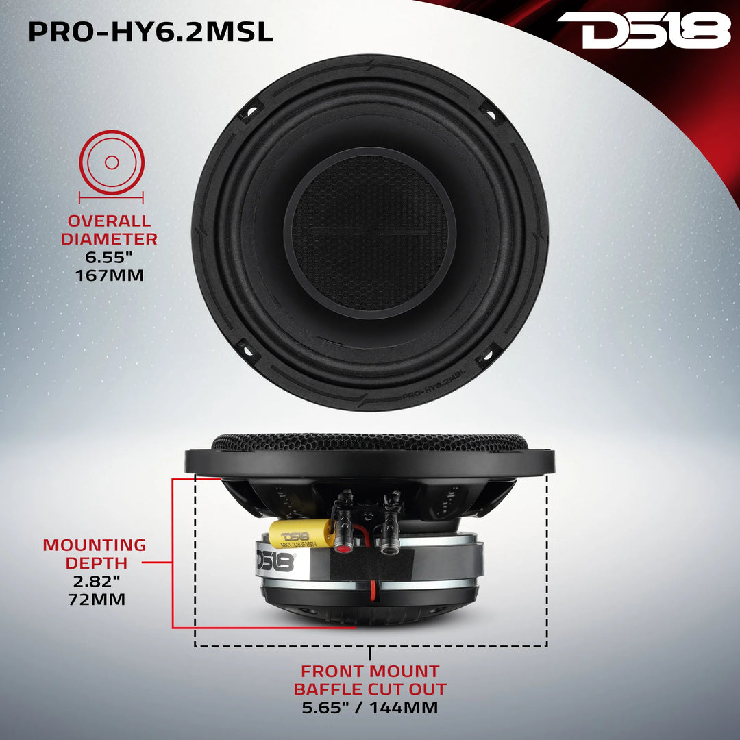 DS18 PRO-HY6.4MSL Altavoz de 2 vías de montaje superficial de 6,5" con bobina móvil de 1,5" y controlador de compresión incorporado - 150 vatios Rms 4 ohmios