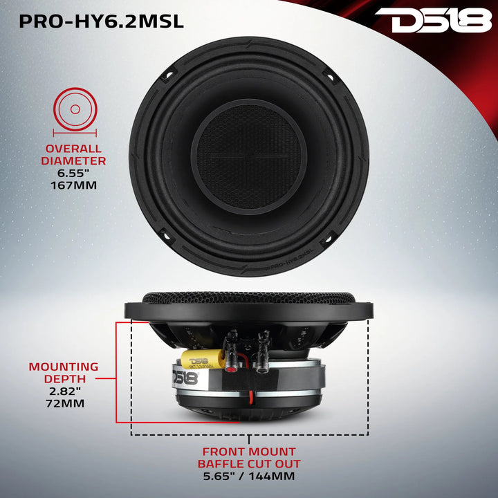 DS18 PRO-HY6.4MSL Altavoz de 2 vías de montaje superficial de 6,5" con bobina móvil de 1,5" y controlador de compresión incorporado - 150 vatios Rms 4 ohmios
