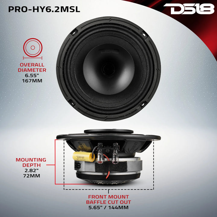 DS18 PRO-HY6.4MSL Altavoz de 2 vías de montaje superficial de 6,5" con bobina móvil de 1,5" y controlador de compresión incorporado - 150 vatios Rms 4 ohmios