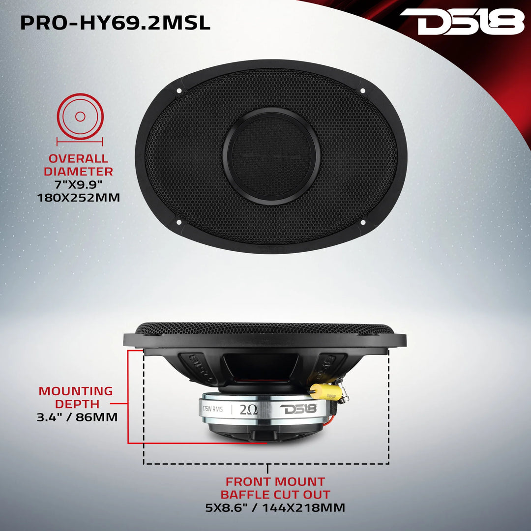 DS18 PRO-HY69.2MSL 6x9" Slim 2-Way Loudspeaker - 175 Watts Rms 2-ohm